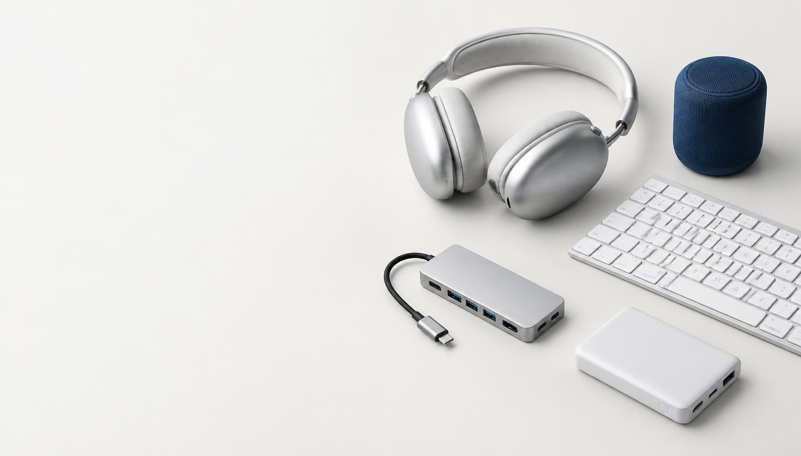 Auscultadores, teclado, hub USB-C, coluna e bateria portátil